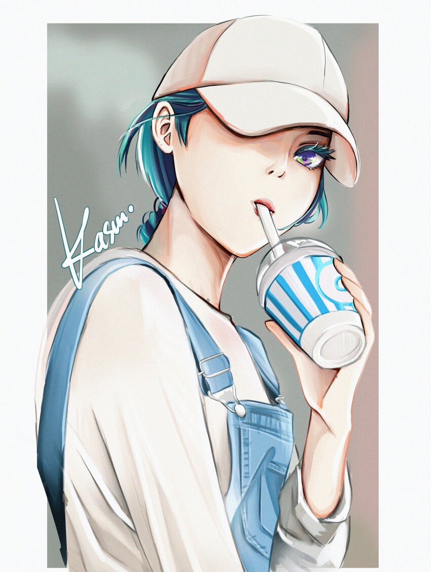 1girl, absurdres, blue_hair, blue_overalls, braid, braided_ponytail, commentary, cup