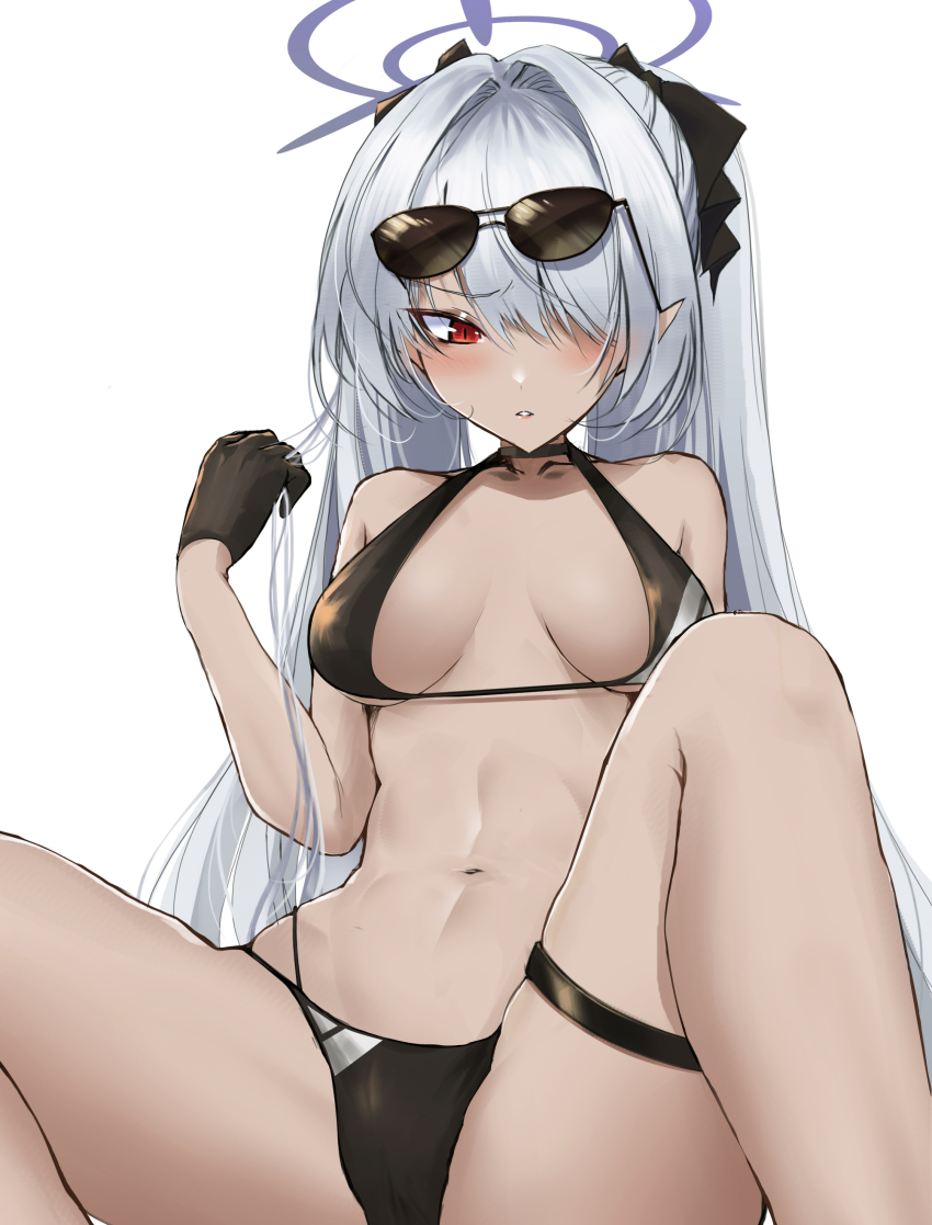 absurdres, bare_shoulders, bikini, black_bikini, black_gloves, black_ribbon, blue_archive, blush