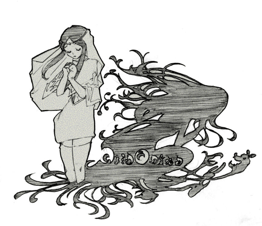 10s, 1girl, closed_eyes, dual_persona, elsa_maria_(madoka_magica), floating_hair, greyscale, long_hair