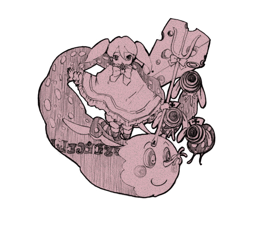 10s, 1girl, @_@, bow, charlotte_(madoka_magica), cheese, dual_persona, food