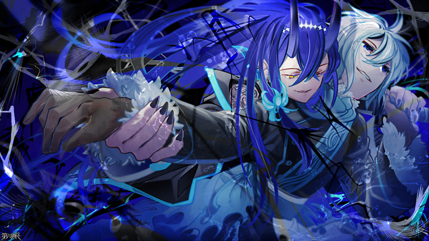 1boy, 1girl, black_nails, blue_eyes, blue_flower, blue_hair, blue_horns, blue_theme, coat, copyright_name, dairoku_ryouhei, echo_clastoff, fangs, flower, fur-trimmed_coat, fur_trim, highres, horns, hydra_moriarty, imo_su_p, long_hair, long_sleeves, multiple_boys, smile, white_hair, yellow_eyes