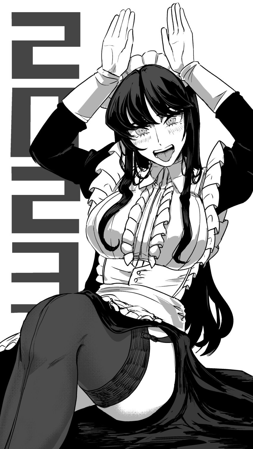 1girl, 2023, absurdres, apron, arms_up, blush, breasts, center_frills