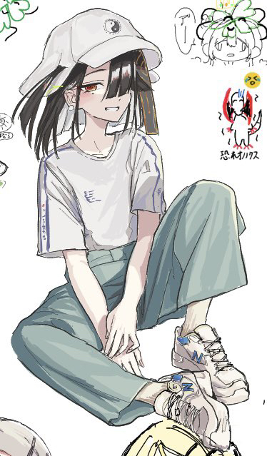 1girl, arms_between_legs, black_hair, collarbone, colored_inner_hair, earrings, fate/grand_order, fate_(series)