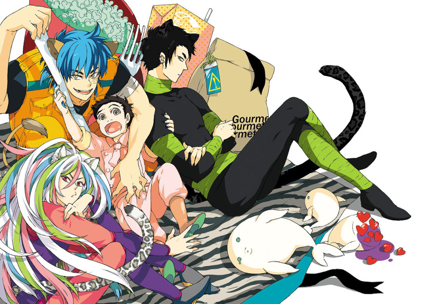 10s, 4boys, animal_ears, black_hair, blue_hair, bone, brown_eyes, cat_boy