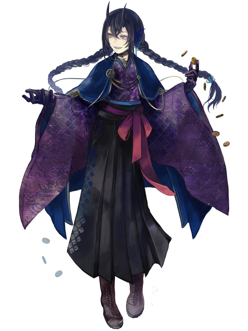 1girl, 310gou10, bat_hair_ornament, black_gloves, black_hair, black_hakama, black_horns, blue_capelet, blue_tongue, boots, braid, brown_boots, capelet, coin, colored_tongue, dairoku_ryouhei, full_body, gloves, grey_eyes, hair_between_eyes, hair_ornament, hakama, heterochromia, highres, horns, hydra_moriarty, japanese_clothes, kimono, pale_skin, solo, standing, transparent_background, twin_braids, twintails, wide_sleeves, yellow_eyes