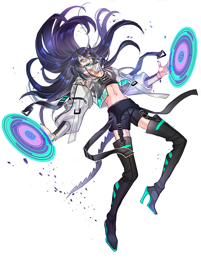 1girl, black_boots, black_hair, black_horns, black_shorts, blue_eyes, blue_tongue, boots, coat, colored_tongue, dairoku_ryouhei, disc, full_body, garter_belt, heterochromia, horns, hydra_moriarty, long_hair, long_sleeves, midriff, navel, open_clothes, open_coat, shorts, solo, tail, tanim0t0, thigh_boots, very_long_hair, white_coat, yellow_eyes