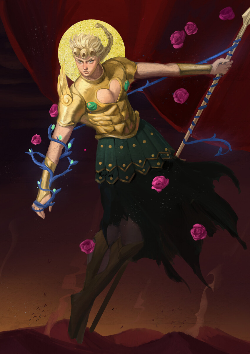 absurdres, armor, arrow_(jojo), blonde_hair, braid, determined, flower, giorno_giovanna