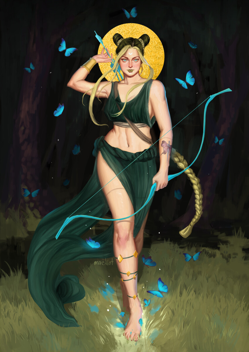 absurdres, ancient_greek_clothes, archery, blue_butterfly, bow_(weapon), braid, bug, bun_with_braided_base, butterfly, butterfly_tattoo, cone_hair_bun, crescent, crescent_facial_mark, double_bun, facial_mark, grass, greco-roman_clothes, green_lips, hair_bun, highres, insect, jojo_no_kimyou_na_bouken, kuujou_jolyne, maeliot, multicolored_hair, stone_ocean, tattoo, two-tone_hair, weapon