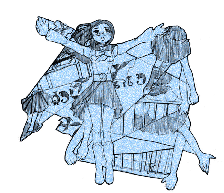 10s, 1girl, boots, dual_persona, glasses, madoka_runes, mahou_shoujo_madoka_magica, mahou_shoujo_madoka_magica_(anime), mathieu_(madoka_magica), monochrome, outstretched_arms, patricia_(madoka_magica), personification, pleated_skirt, sawa-piyo, school_uniform, skirt