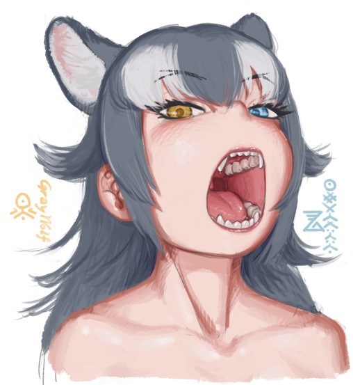 1girl, animal_ears, bare_shoulders, blue_eyes, collarbone, extra_ears, fangs, grey_hair, grey_wolf_(kemono_friends), hair_between_eyes, heterochromia, imnim_leef, kemono_friends, long_hair, multicolored_hair, open_mouth, sidelocks, solo, upper_body, white_hair, wolf_ears, wolf_girl, yellow_eyes