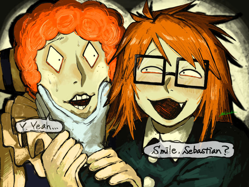 2boys, black_eyes, clown, eihrdgyybnq6aiw, english_text, fang, glasses, grabbing_another's_chin