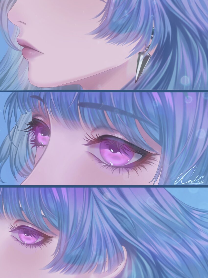 1girl, blue_background, blue_hair, close-up, commentary, earrings, english_commentary, expressionless, eye_focus, eyeliner, from_side, glitter_makeup, hamel_(path_to_nowhere), highres, jewelry, lips, makeup, mouth_focus, parted_lips, path_to_nowhere, profile, purple_eyes, signature, solo, xaviedrk