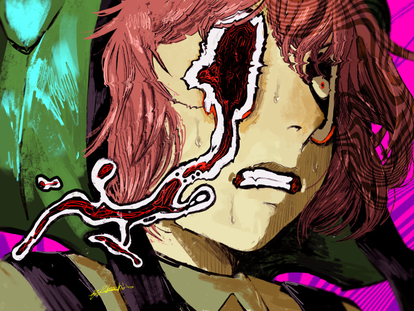 1boy, brown_hair, clenched_teeth, eihrdgyybnq6aiw, hat, highres, male_focus, pink_background