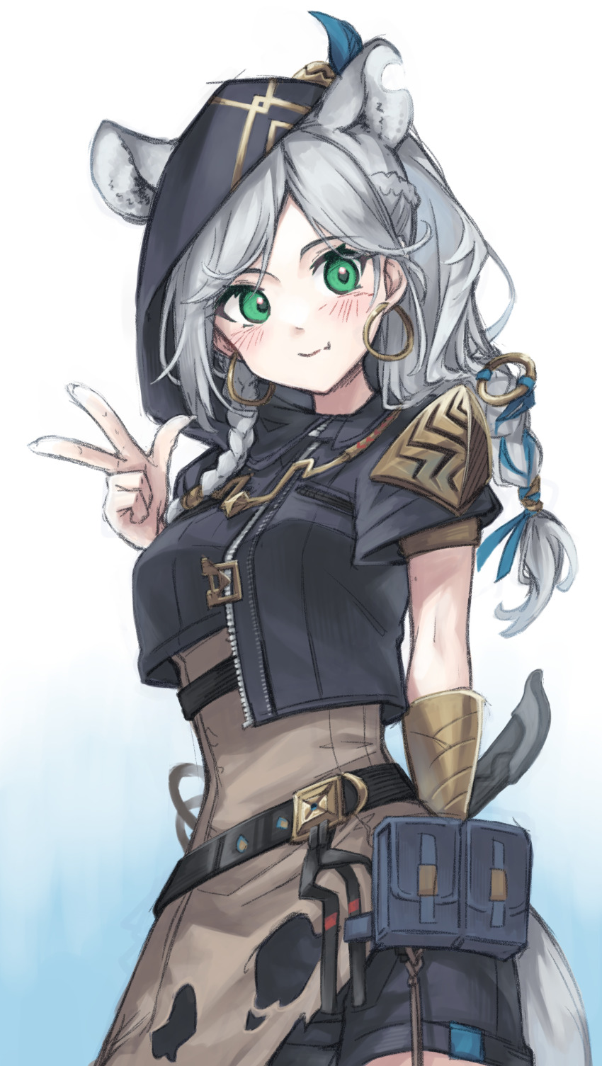 1girl, absurdres, ajani_(arknights), animal_ears, arknights, asymmetrical_hair, black_shorts, blue_background, blush, braid, breasts, closed_mouth, cowboy_shot, earrings, extra_ears, gradient_background, green_eyes, highres, horse_ears, horse_girl, jewelry, long_hair, medium_breasts, semi_colon, short_sleeves, shorts, solo, v