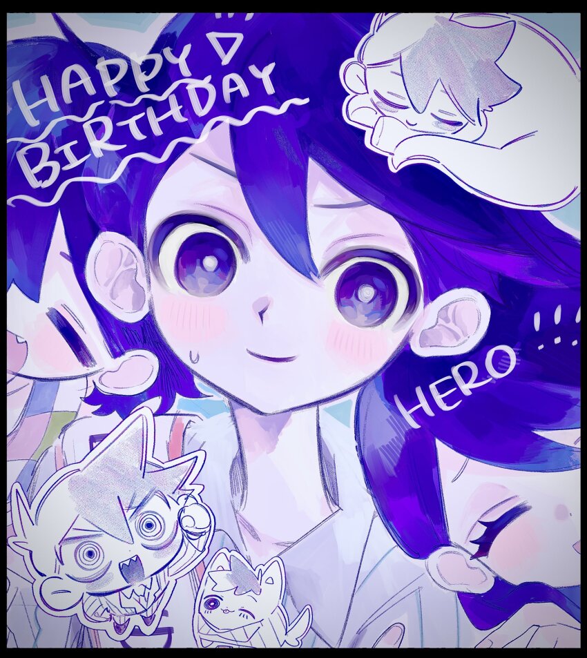 1girl, 2boys, animalization, blush, bossman_hero, brothers, character_name, chibi, closed_eyes, closed_mouth, collarbone, colored_skin, dinosaur, dog, fang, happy_birthday, hero_(headspace)_(omori), hero_(omori), herosaurus_(omori), highres, kel_(headspace)_(omori), kel_(omori), looking_at_viewer, mari_(headspace)_(omori), mari_(omori), multiple_boys, omori, open_mouth, p0tatotat, pajamas, person_and_animalization, purple_eyes, purple_hair, short_hair, siblings, smile, sweatdrop, white_skin