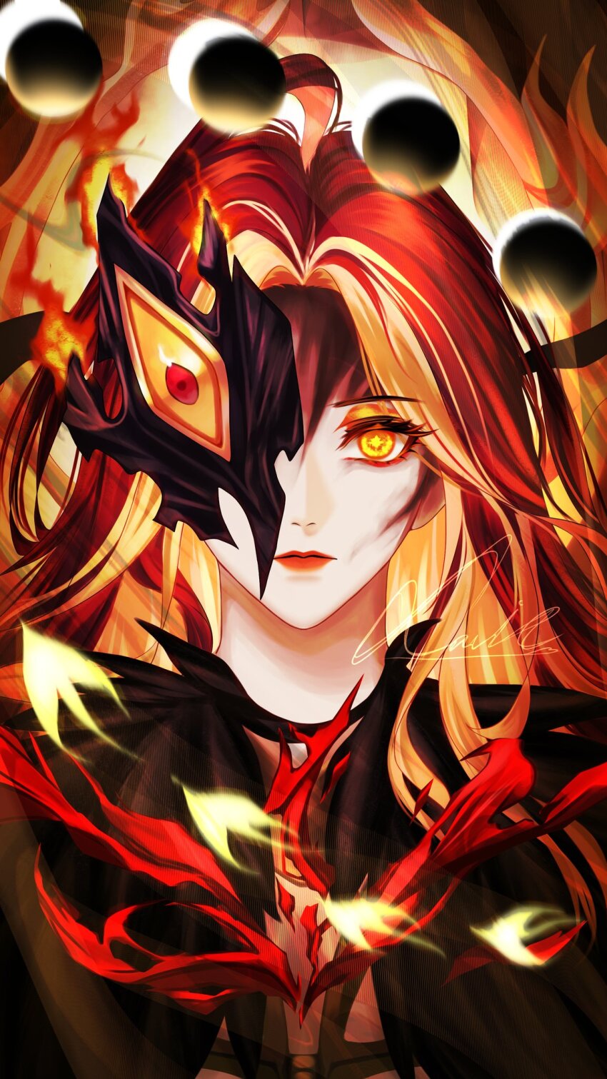 1girl, ahoge, black_cloak, cloak, commentary, curtained_hair, english_commentary, eyeliner