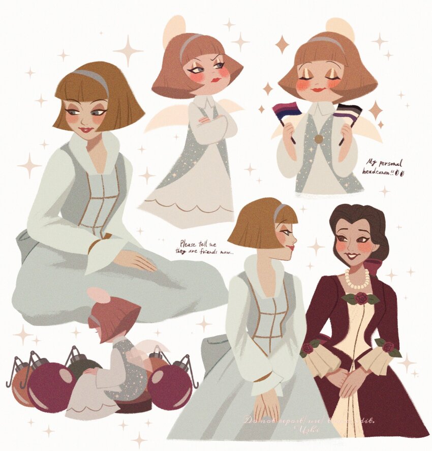 2girls, angelique_(disney), belle_(disney), blonde_hair, bob_cut, brown_hair, commentary, dress