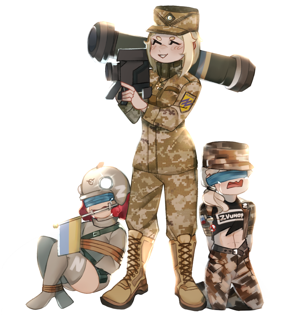 3girls, abs, arms_behind_back, azov_battalion, badge, belt, black_tank_top, blonde_hair, blush, boots, borrowed_character, bound, bound_arms, bound_legs, brown_footwear, buhanka-chan, camouflage, captured, cargo_pants, coat_of_arms, combat_helmet, covered_eyes, cross-laced_footwear, crying, digital_camouflage, fgm-148_javelin, hat, headlamp, helmet, holding, holding_weapon, jacket, kneeling, linyvets_chan, marichka, medium_hair, military, military_hat, military_jacket, military_patch, military_uniform, multiple_girls, nazi, open_mouth, original, over_shoulder, pants, ponytail, propaganda, red_hair, restrained, rocket_launcher, russo-ukrainian_war, smile, svinorezka, tank_top, thighhighs, transparent, transparent_background, ukraine, ukrainian_flag, weapon, weapon_over_shoulder