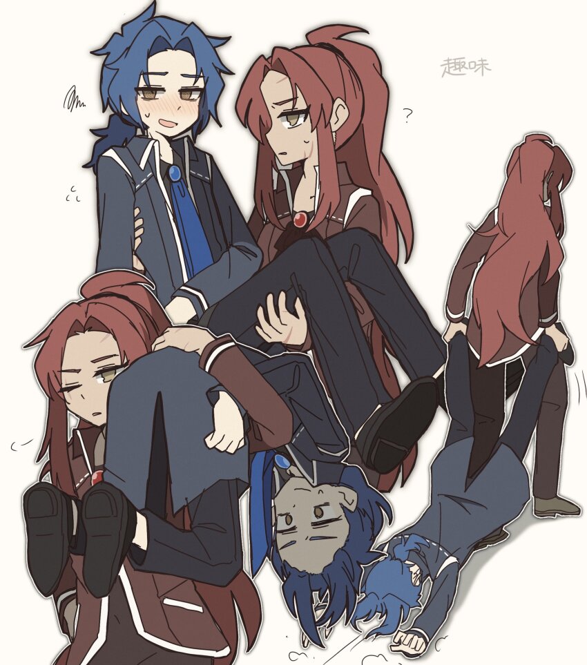 1boy, 1girl, black_footwear, blue_coat, blue_hair, blue_neckerchief, blue_pants, blush, brown_eyes, carrying, chesed_(project_moon), coat, gebura_(project_moon), highres, june_blues, library_of_ruina, long_hair, long_sleeves, looking_at_viewer, low_ponytail, neckerchief, open_mouth, pants, parted_bangs, ponytail, princess_carry, project_moon, red_hair, shoes, sidelocks, simple_background, smile, white_background