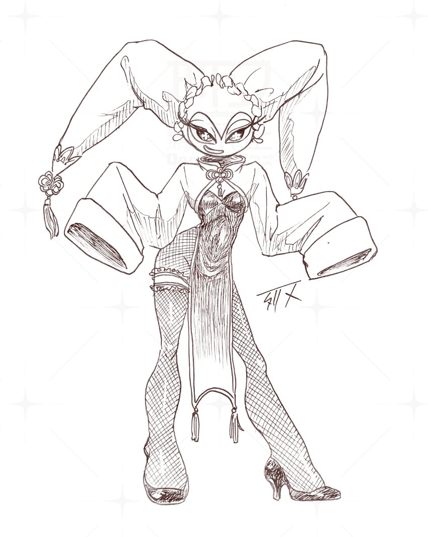 1girl, absurdres, chinese_clothes, dress, fishnet_thighhighs, fishnets, gechotaris, grin, high_heels, highres, long_sleeves, nights_(character), nights_into_dreams, sega, smile, thighhighs