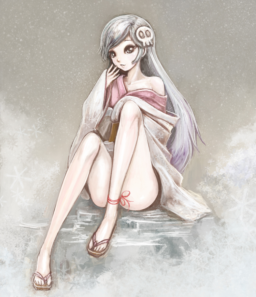 1girl, anklet, censored, convenient_censoring, convenient_leg, dororon_enma-kun, female_focus, hair_ornament, japanese_clothes, jewelry, kimono, long_hair, long_legs, naoki_(naoieo), obi, off_shoulder, sandals, sash, short_kimono, silver_hair, skull, skull_hair_ornament, solo, yukiko_hime, zouri