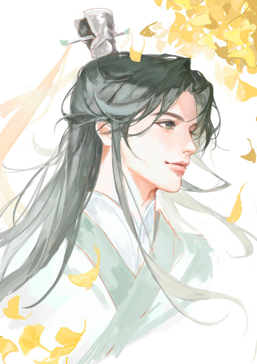 1boy, absurdres, black_hair, chinese_clothes, closed_mouth, falling_leaves, ginkgo_leaf, green_eyes