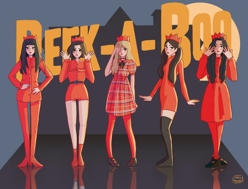 5girls, absurdres, belt, black_footwear, black_hair, blonde_hair, blunt_bangs, commentary_request