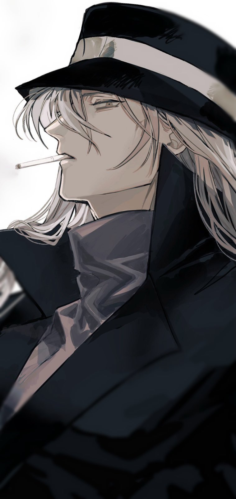1boy, black_coat, cigarette, coat, gin_(meitantei_conan), grey_hair, hair_between_eyes, hat, highres, kmk_oc, long_hair, looking_at_viewer, male_focus, meitantei_conan, profile, simple_background, solo, turtleneck, upper_body, white_background, white_hair
