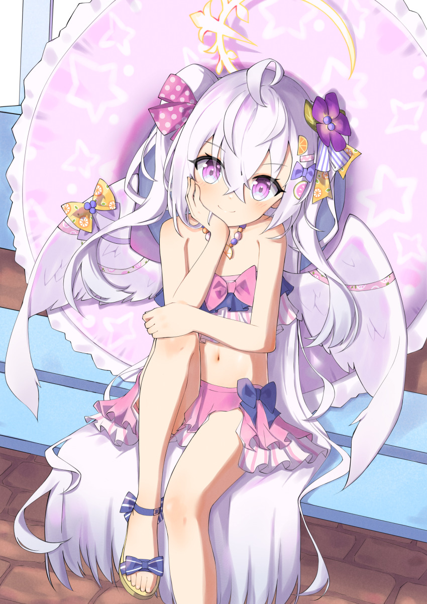 1girl, absurdly_long_hair, absurdres, ahoge, angel_wings, anleewind, azusa_(blue_archive), azusa_(swimsuit)_(blue_archive)