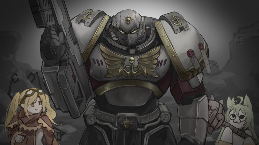 1boy, 2girls, :3, absurdres, adeptus_astartes, ahoge, akashi_(azur_lane), anchor_symbol, animal_ears, arm_up, armor, azur_lane, blonde_hair, brown_robe, cat_ears, cat_girl, chinese_commentary, choker, commander_(azur_lane), crossover, debris, goggles, goggles_on_head, green_hair, grey_armor, gun, hatemace, height_difference, helmet, highres, holding, holding_gun, holding_mace, holding_weapon, kreirati, leonardo_da_vinci_(azur_lane), mace, mechanical_arms, multiple_girls, power_armor, power_armor_commander_(azur_lane), purity_seal, red_eyes, ribbon_choker, robe, science_fiction, sidelocks, size_difference, skull, sleeves_past_fingers, sleeves_past_wrists, techpriest, translation_request, twintails, warhammer_40k, weapon, winged_skull, yellow_trim