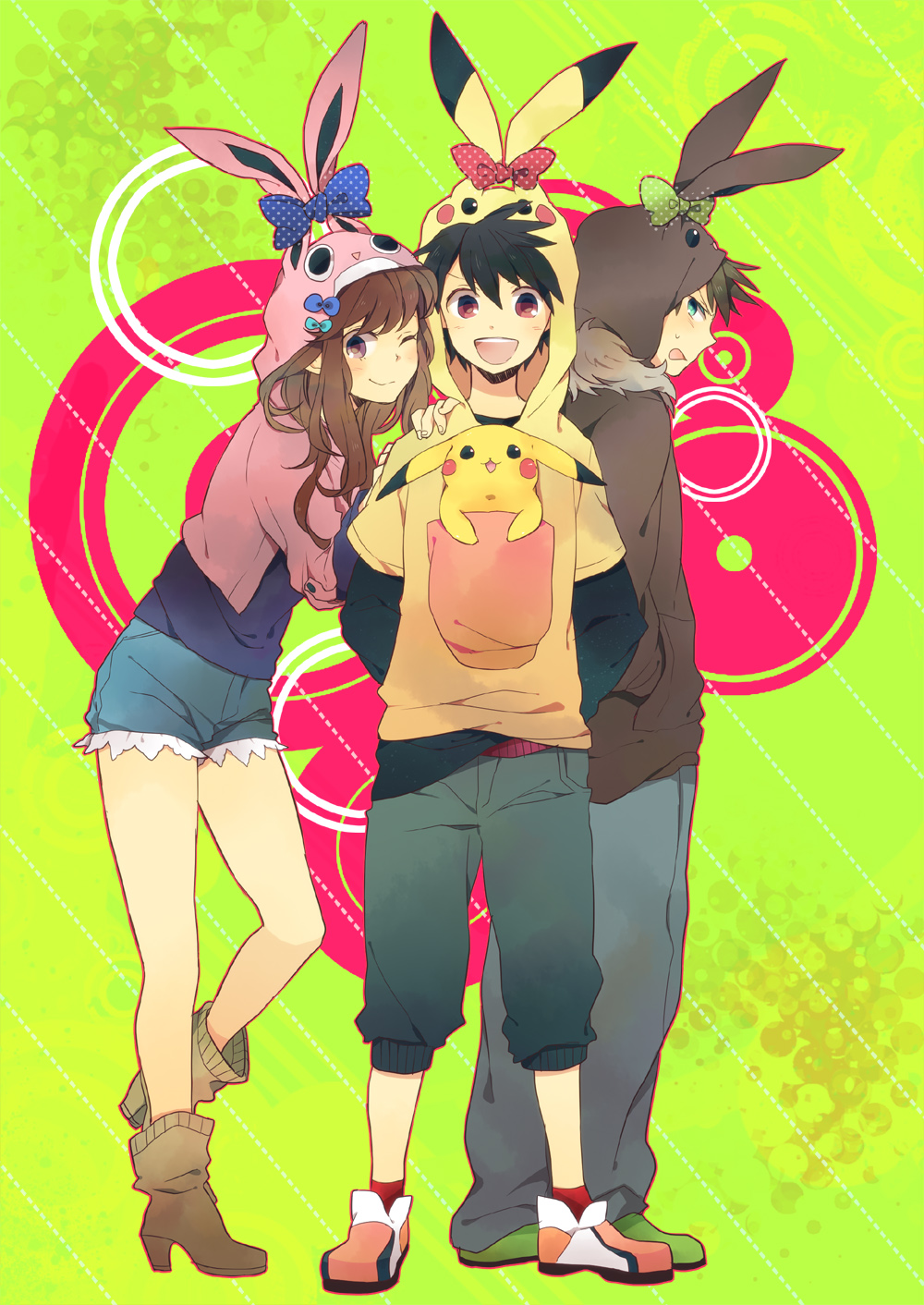 1girl, 2boys, black_hair, blue_eyes, blue_oak, boots, brown_hair, cosplay, denim, denim_shorts, eevee, eevee_(cosplay), gen_1_pokemon, green_(pokemon), green_eyes, highres, hood, hoodie, itonoko, jigglypuff, long_hair, multiple_boys, nintendo, one_eye_closed, pikachu, pikachu_(cosplay), pokemon, pokemon_adventures, red_(pokemon), red_eyes, shorts, wigglytuff, wigglytuff_(cosplay), wink