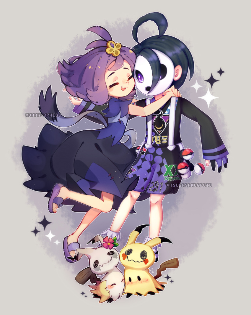 1boy, 1girl, acerola_(pokemon), ahoge, allister_(pokemon), alternate_color, black_hair, blush