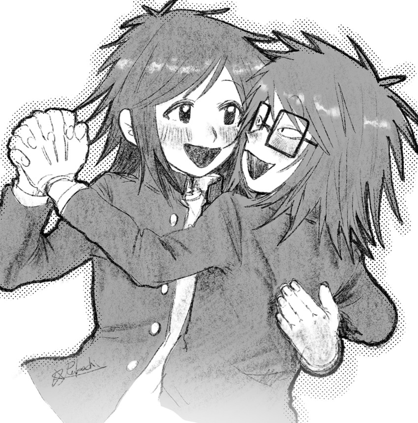 2boys, dancing, eihrdgyybnq6aiw, fang, gakuran, greyscale, highres, holding_hands