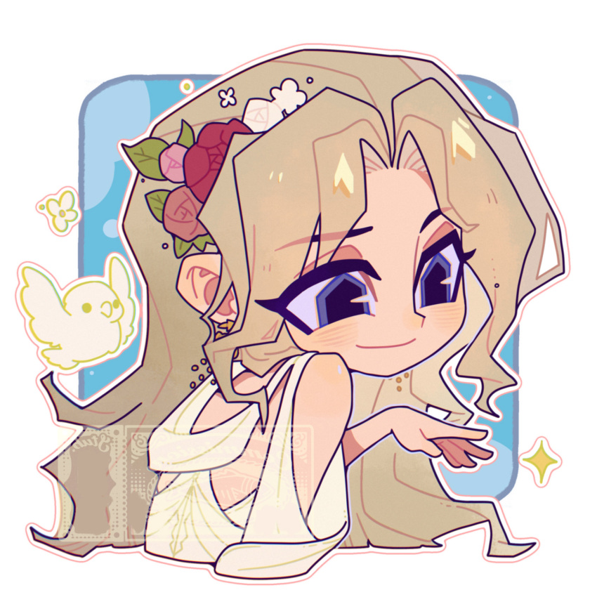 ancient_greek_clothes, anime_coloring, bird, blonde_hair, blue_eyes, chibi, colored_skin, earrings