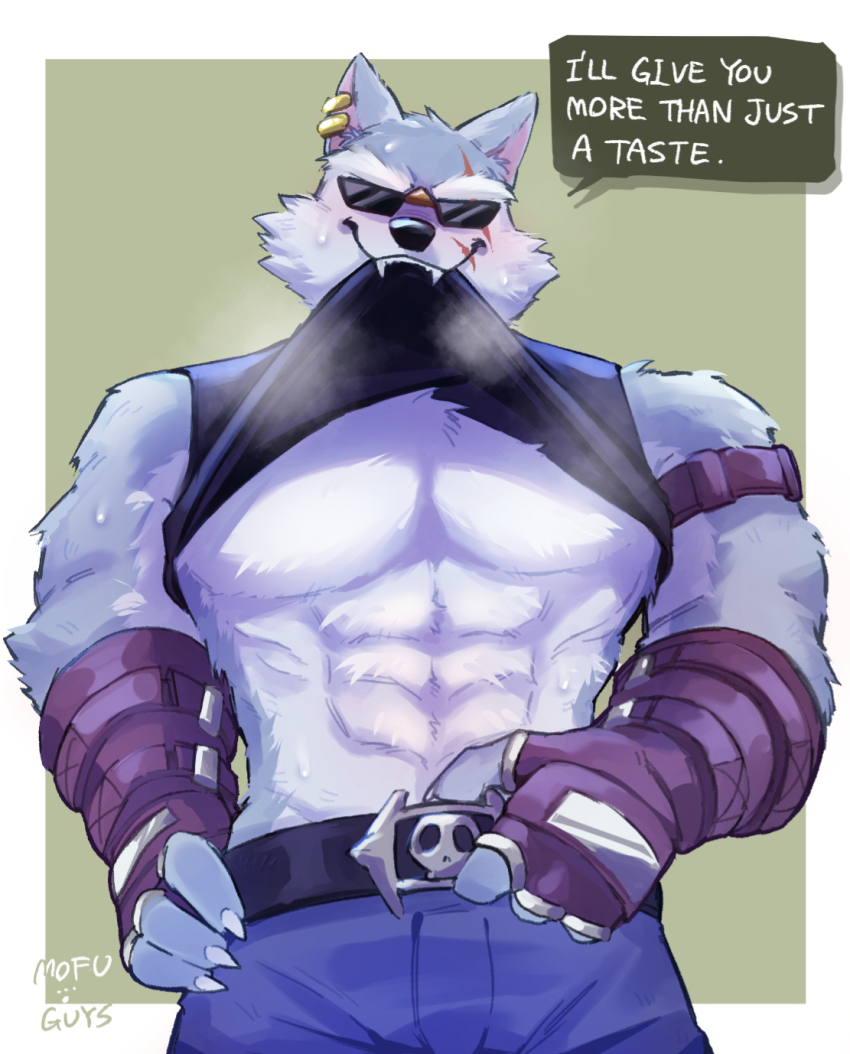 1boy, abs, animal_ears, artist_name, bara, black_gloves, black_shirt, black_tank_top