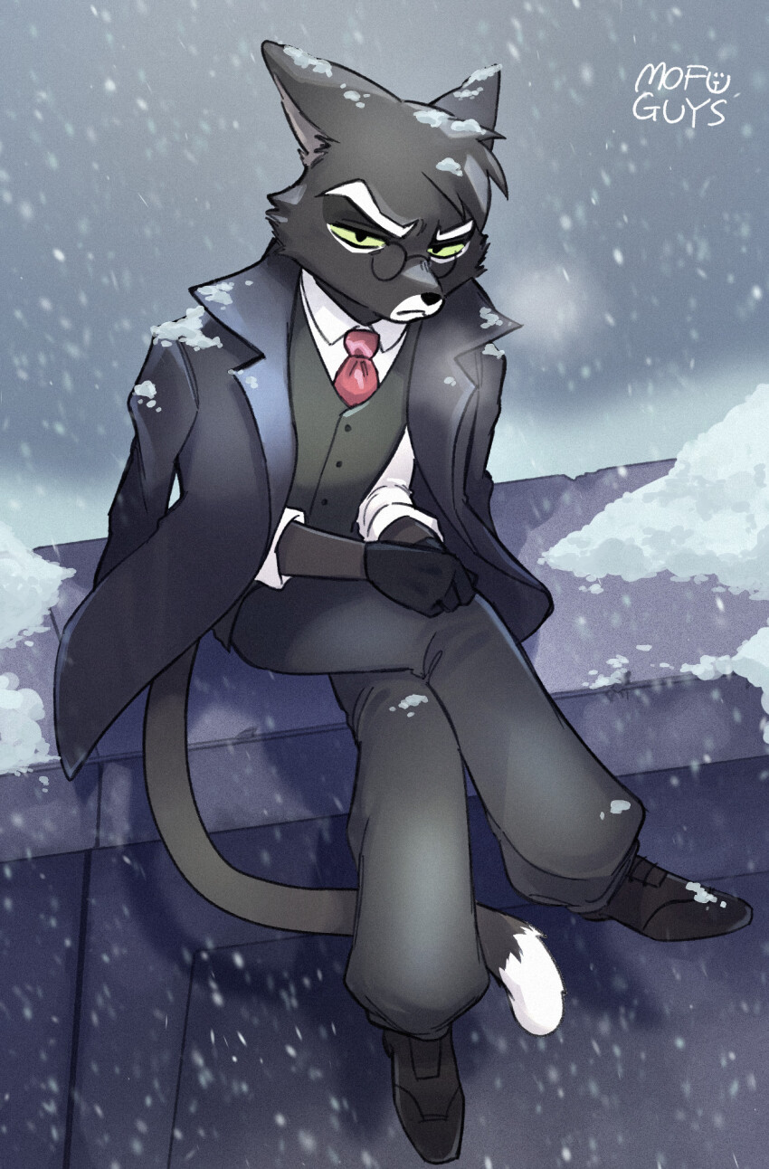 1boy, animal_ears, artist_name, black_coat, black_footwear, black_gloves, black_pants, black_vest