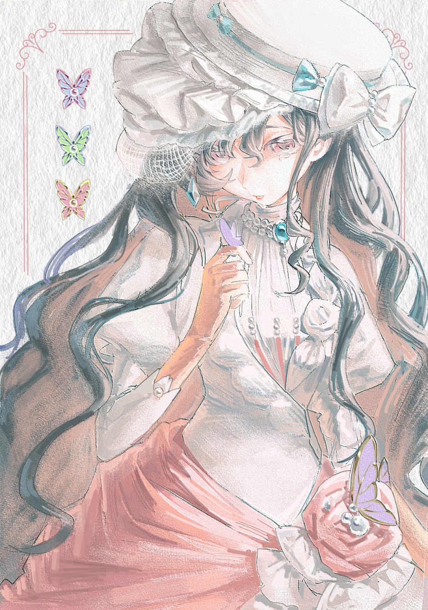 1girl, black_hair, border, bow, bug, butterfly, butterfly_on_hand, dress