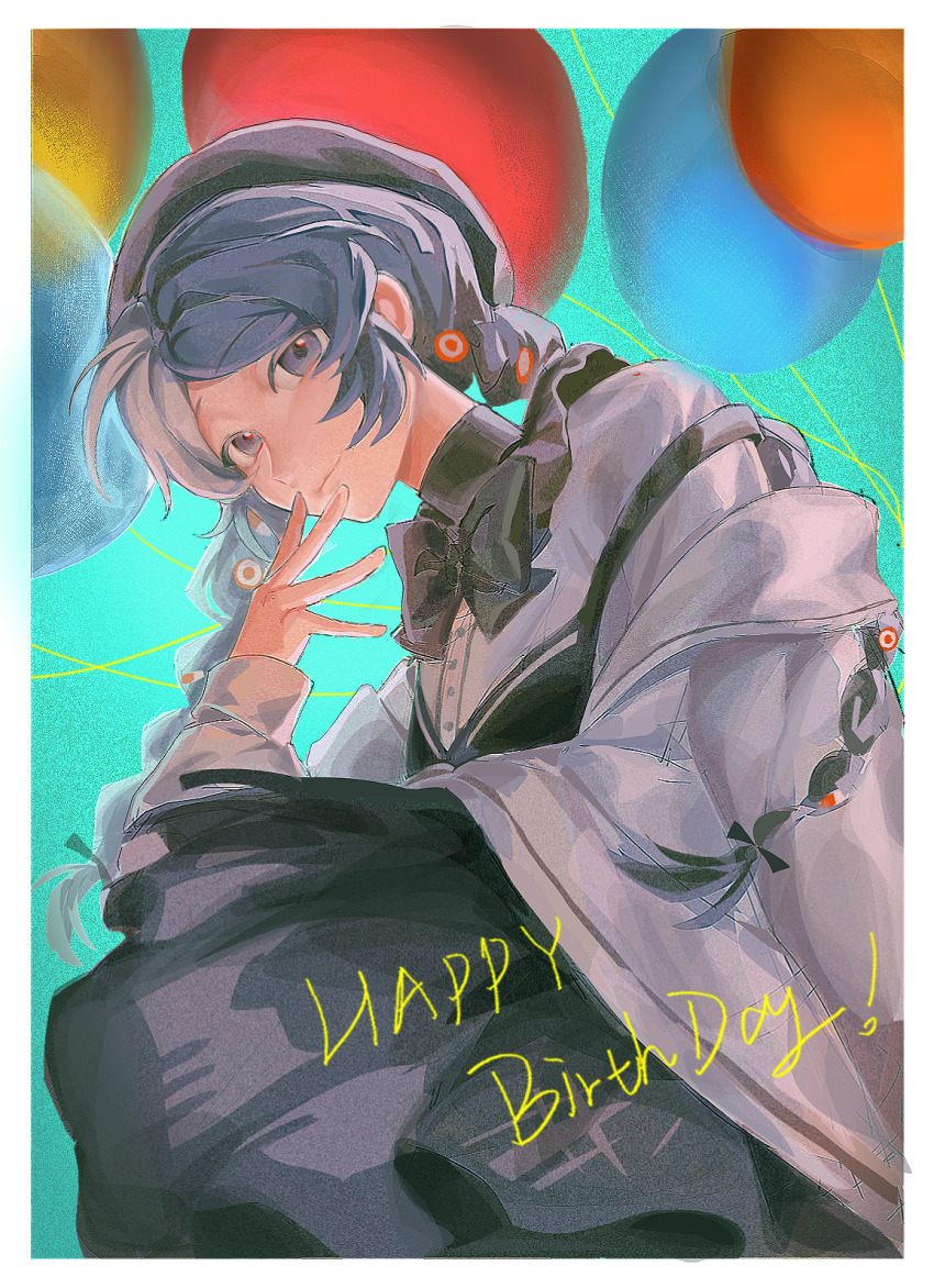 1girl, aqua_background, balloon, balloon_party, beret, black_bow, black_bowtie, black_hat