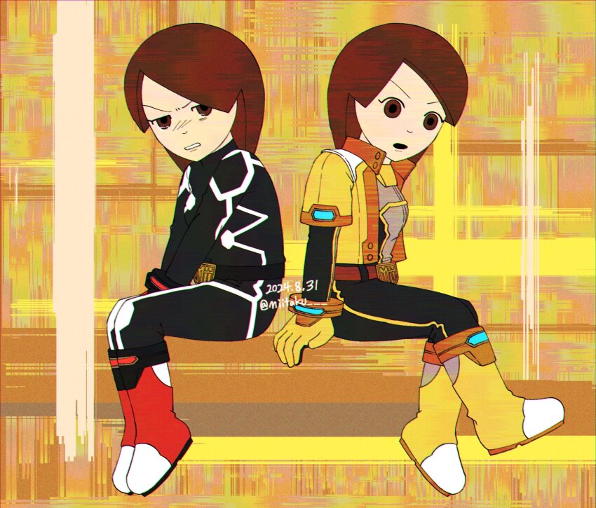 2girls, abstract_background, angry, animification, belt, black_pants, bodysuit, boots