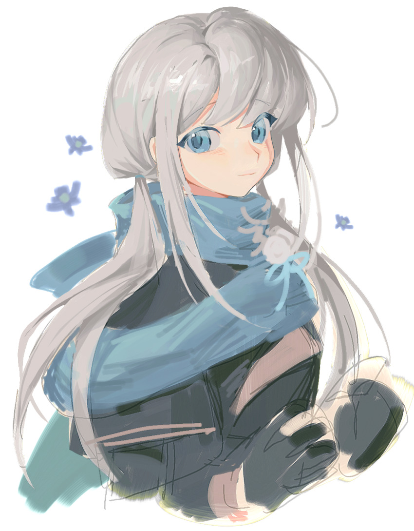 1girl, alternate_hairstyle, bkornblume, black_coat, black_gloves, blue_eyes, blue_scarf, closed_mouth, coat, cropped_torso, gloves, grey_hair, hands_up, highres, long_hair, long_sleeves, looking_at_viewer, low_twintails, luanbu, reverse:1999, scarf, smile, solo, twintails, unfinished, upper_body, white_background