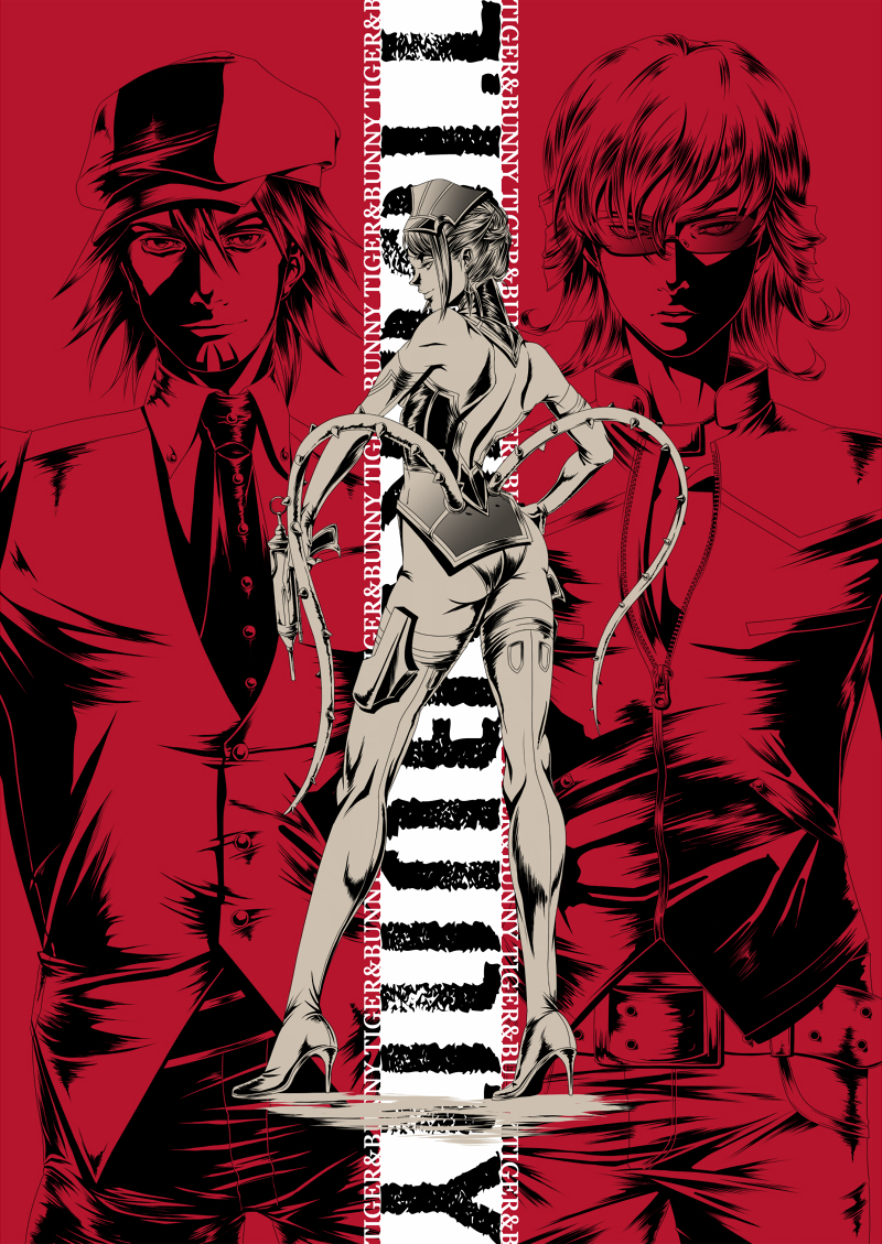 10s, 1girl, 2boys, ass, back, backless_outfit, bad_id, bad_pixiv_id, barnaby_brooks_jr., belt, blue_rose_(tiger_&amp;_bunny), boots, newsboy_cap, earrings, elbow_gloves, facial_hair, gloves, gun, hair_up, hand_on_own_hip, hat, high_heels, hip_focus, holster, jewelry, kaburagi_t._kotetsu, karina_lyle, looking_back, meisai, multiple_boys, necktie, shoes, stubble, studded_belt, sunglasses, text_focus, thigh_boots, thigh_holster, thighhighs, thorns, tiger_&amp;_bunny, unzipped, weapon