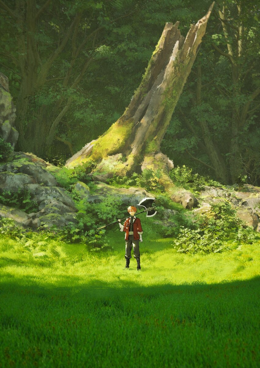 axe, battle_axe, black_pants, day, fujidora_jp, grass, highres, holding