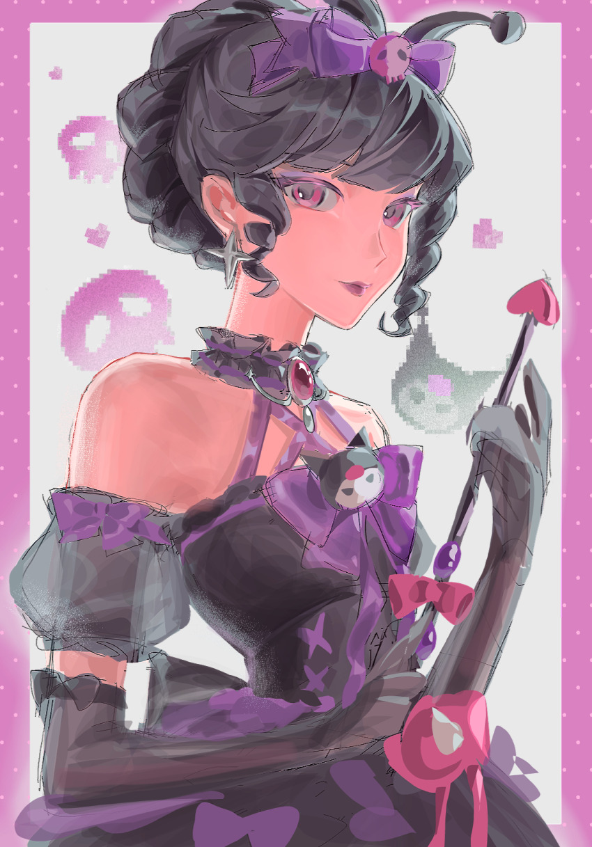 1girl, bare_shoulders, black_dress, black_gloves, black_hair, border, bow, dress, drill_hair, drill_sidelocks, elbow_gloves, gloves, grey_background, hair_bow, hands_up, highres, holding, holding_wand, identity_v, kuromi, lolita_fashion, looking_at_viewer, luanbu, mary_(identity_v), mary_(merry_kuromi)_(identity_v), my_melody_(series), off-shoulder_dress, off_shoulder, official_alternate_costume, outside_border, puffy_short_sleeves, puffy_sleeves, purple_border, purple_bow, purple_eyes, purple_lips, sanrio, see-through_clothes, see-through_sleeves, short_hair, short_sleeves, sidelocks, solo, sparkle_earrings, upper_body, wand