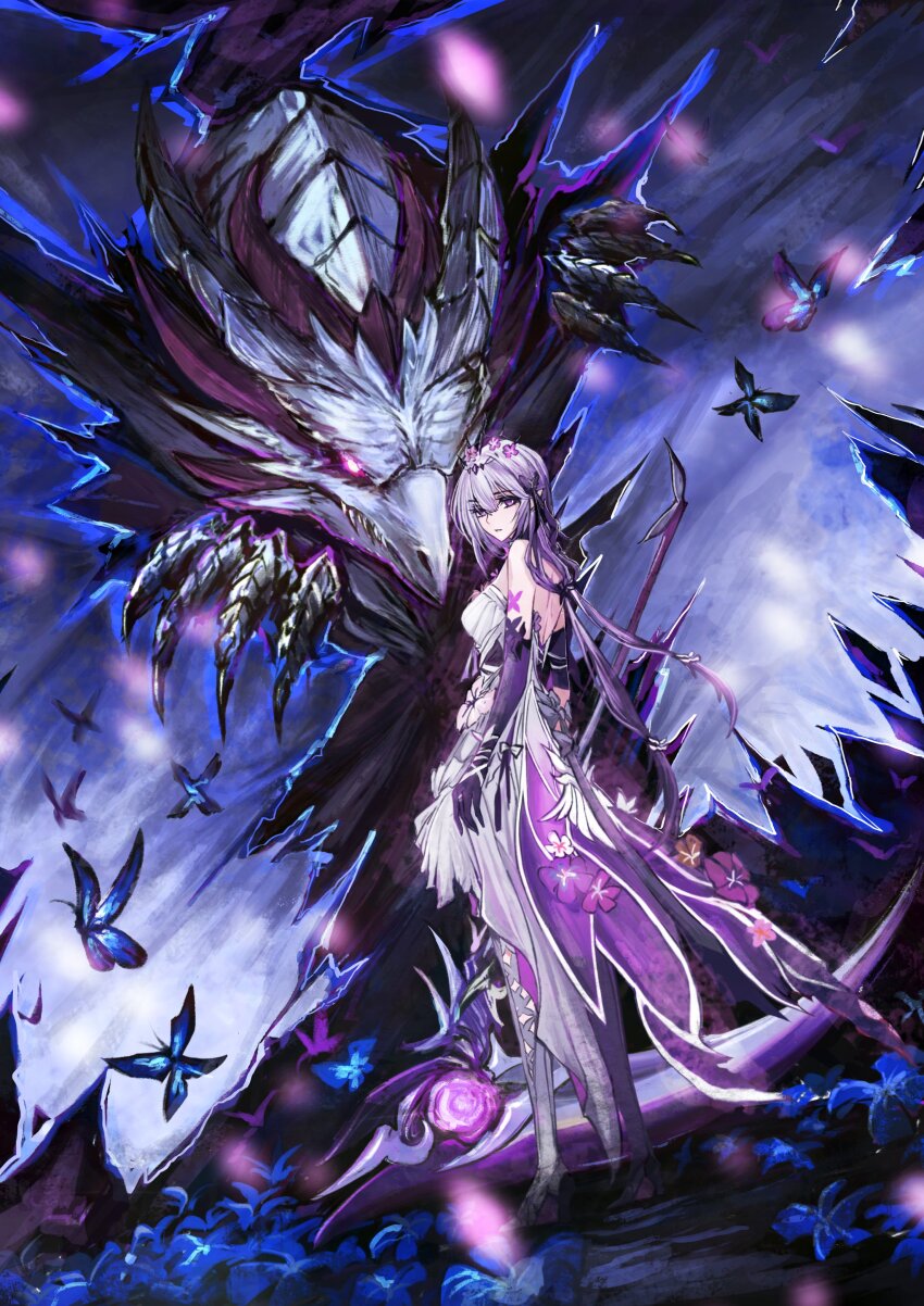 1girl, absurdres, bare_shoulders, blue_flower, bug, butterfly, castorice_(honkai:_star_rail), commentary