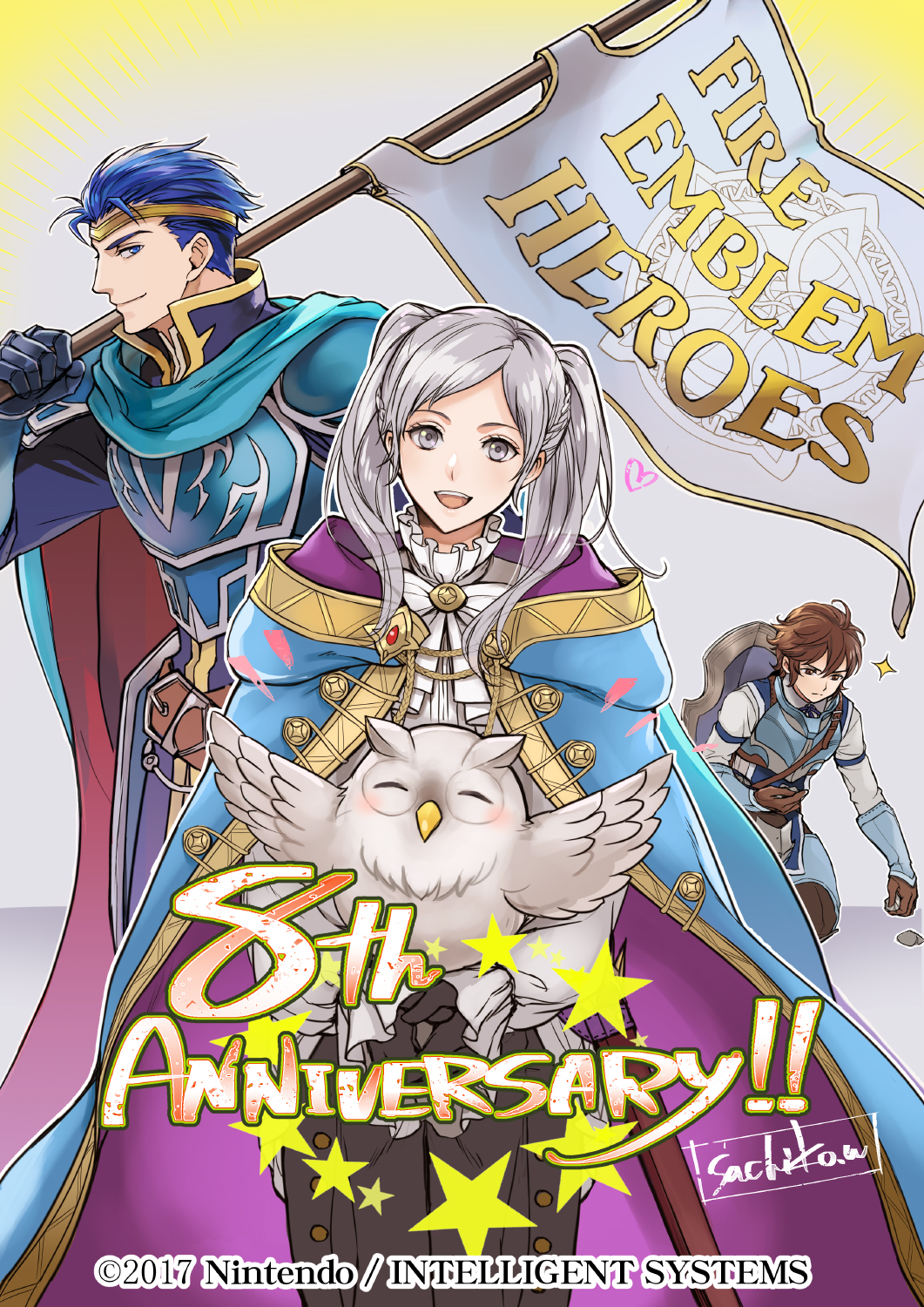1girl, 2boys, anniversary, armor, artist_name, bird, blue_cape, blue_eyes, blue_hair, brown_hair, cape, cloak, cosplay, eliwood_(fire_emblem), eliwood_(fire_emblem)_(cosplay), feh_(fire_emblem_heroes), female_robin_(fire_emblem), fire_emblem, fire_emblem:_the_blazing_blade, fire_emblem_awakening, fire_emblem_heroes, flag, frederick_(young)_(fire_emblem), frederick_(fire_emblem), hair_slicked_back, hector_(fire_emblem), hector_(steel_warrior)_(fire_emblem), highres, holding, holding_flag, hood, hooded_cloak, looking_at_viewer, multiple_boys, nintendo, official_alternate_costume, official_art, owl, pebble, purple_eyes, female_robin_(exalt's_right_hand)_(fire_emblem), smile, twintails, wada_sachiko, white_background