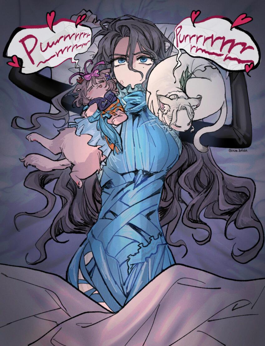 1girl, absurdres, anger_vein, animal, animalization, annoyed, arms_up, bed_sheet