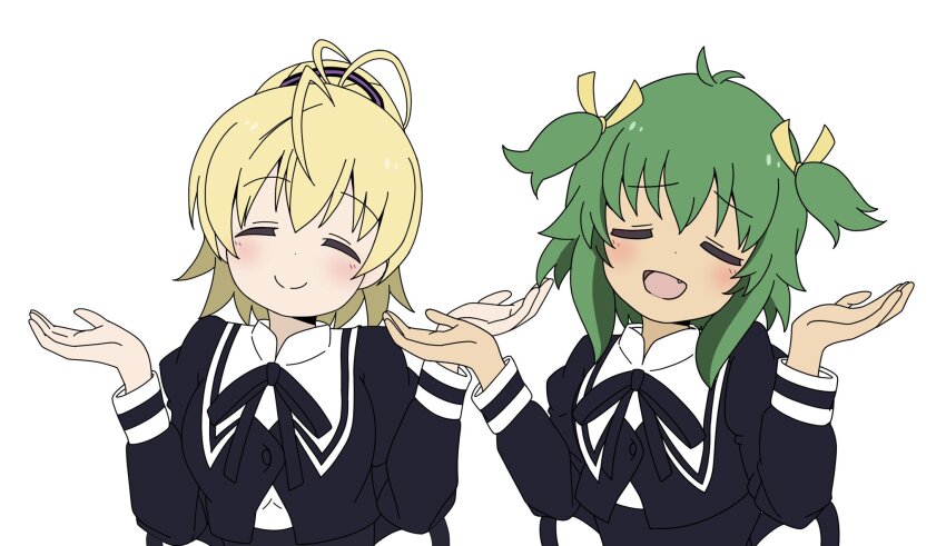 2girls, ando_tazusa, assault_lily, blonde_hair, double_bun, green_hair, hair_bun, highres