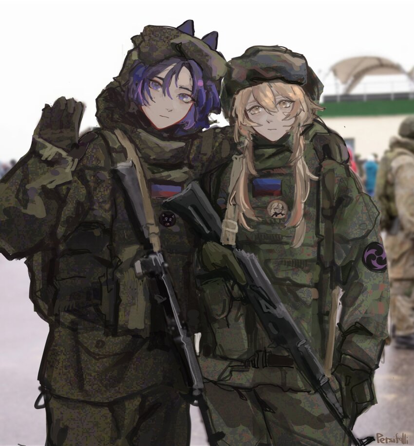 2girls, ak-101, blonde_hair, donetsk_people's_republic_flag, electro_symbol_(genshin_impact), emr_camouflage, genshin_impact, gun, hand_on_another's_shoulder, highres, holding, holding_gun, holding_weapon, impasto, kalashnikov_rifle, lugansk_people's_republic_flag, lumine_(genshin_impact), military_combat_uniform, military_uniform, multiple_girls, paimon_(genshin_impact), persifalli, photo_background, purple_eyes, purple_hair, raiden_shogun, russian_ground_forces, russo-ukrainian_war, weapon, yellow_eyes