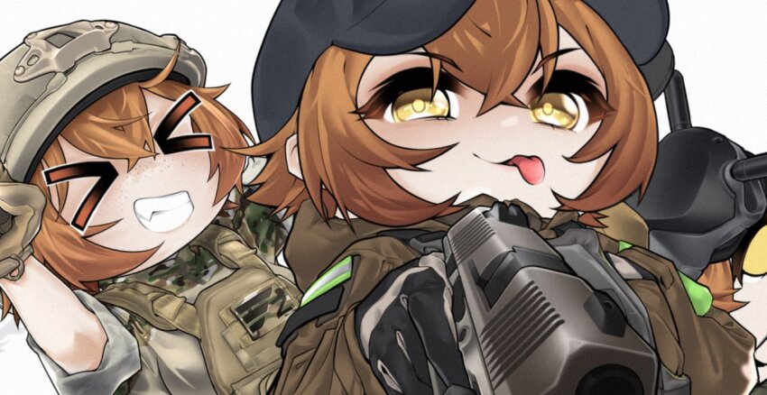 >_<, 2girls, aiming, aiming_at_viewer, brown_hair, character_request, combat_helmet, copyright_request