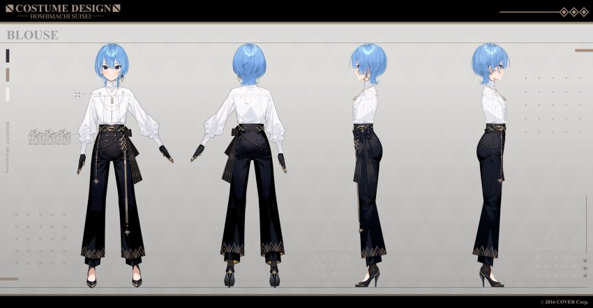 1girl, black_footwear, black_gloves, black_pants, blue_eyes, blue_hair, bob_cut, reference_sheet